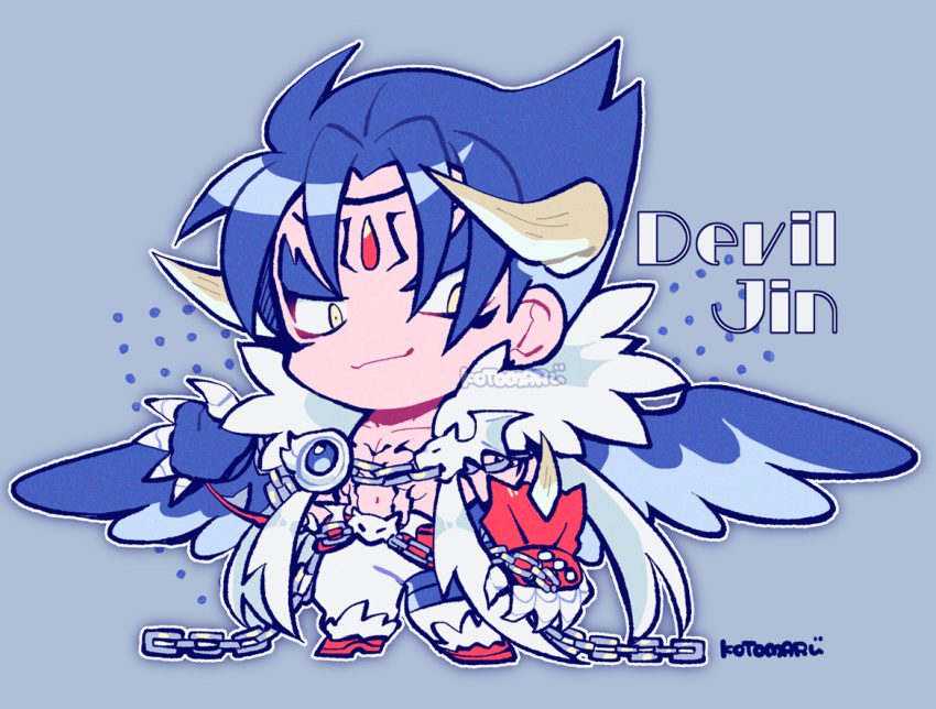 1boy blue_background blue_hair blue_wings chain character_name chest_tattoo chibi claws closed_mouth collarbone devil_jin forehead_jewel full_body gloves grey_horns horns kazama_jin kotorai male_focus no_nose outline pants red_gloves signature smile solo standing studded_gloves tattoo tekken thick_eyebrows v-shaped_eyebrows white_outline white_pants wings yellow_eyes