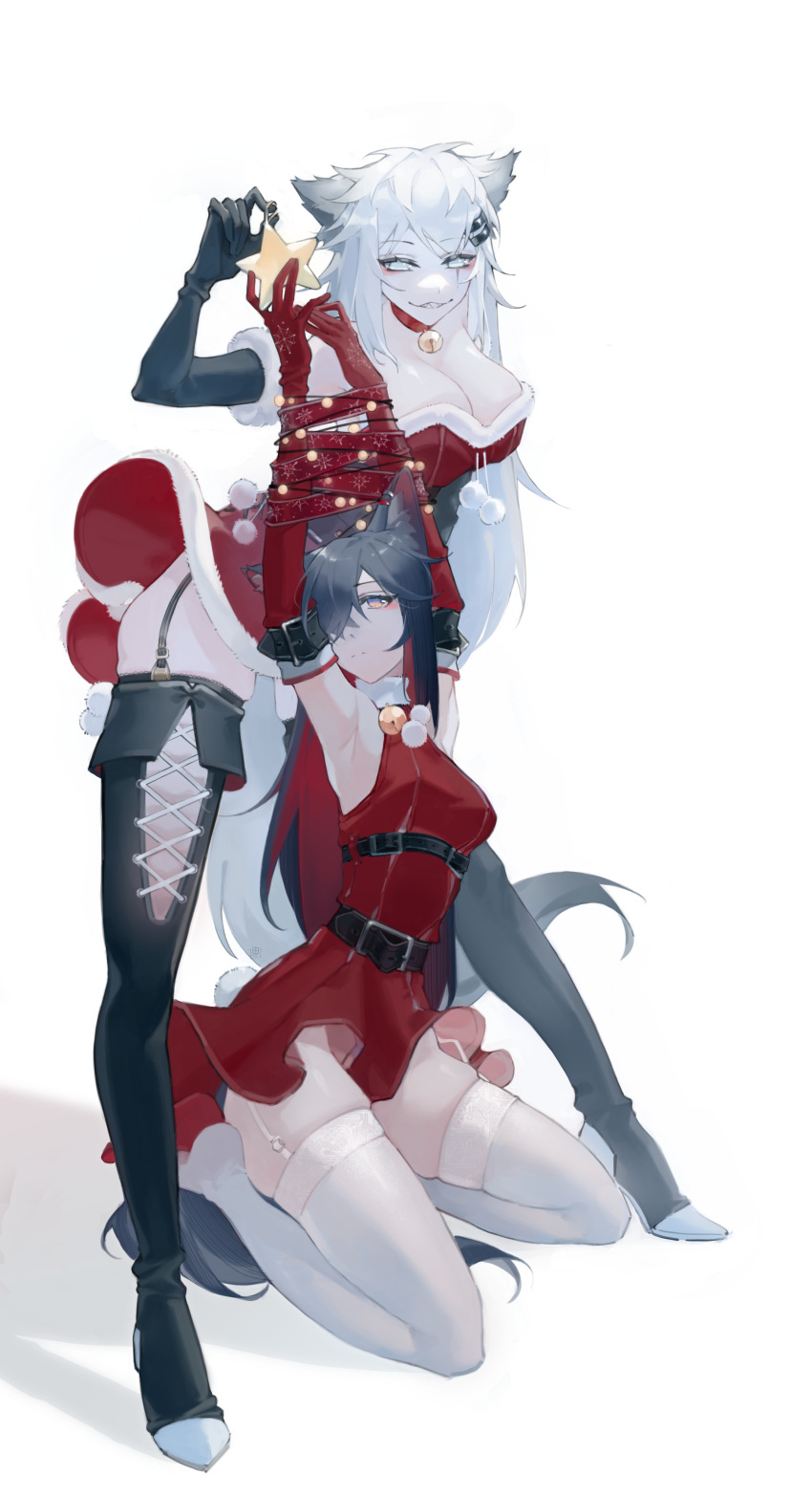 2girls absurdres animal_ear_piercing animal_ears arknights armpits arms_up bell black_gloves black_hair boots bound bound_arms breasts christmas cleavage dibillius dress elbow_gloves fur-trimmed_dress fur_trim garter_straps gloves grey_eyes hair_ornament hair_over_one_eye hairclip high_heel_boots high_heels highres jingle_bell kneeling lappland_(arknights) large_breasts long_hair looking_at_viewer multiple_girls nail_polish neck_bell pom_pom_(clothes) red_dress red_gloves santa_costume sharp_teeth simple_background sleeveless sleeveless_dress small_breasts smile standing star_(symbol) strapless strapless_dress string_lights tail teeth texas_(arknights) thigh_boots thighhighs very_long_hair white_background white_thighhighs wolf_ears wolf_girl wolf_tail yellow_eyes