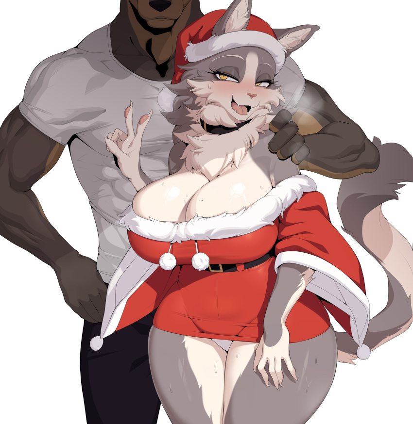 absurd_res anthro big_breasts breasts canid canine canis cervina7_(artist) christmas christmas_clothing christmas_headwear cleavage clothed clothing countershading felid feline female fur grey_body grey_fur hair hat headgear headwear hi_res holidays huge_breasts mammal santa_hat simple_background solo