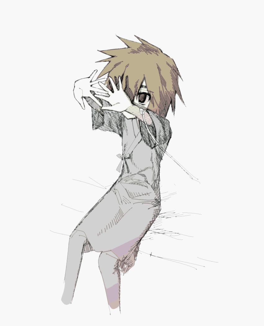 1other androgynous arms_up atoymk barcode barcode_tattoo brown_eyes brown_hair cropped_feet grey_pants highres hospital_gown kurohebi len'en long_sleeves other_focus pants short_hair simple_background sitting sketch tattoo white_background