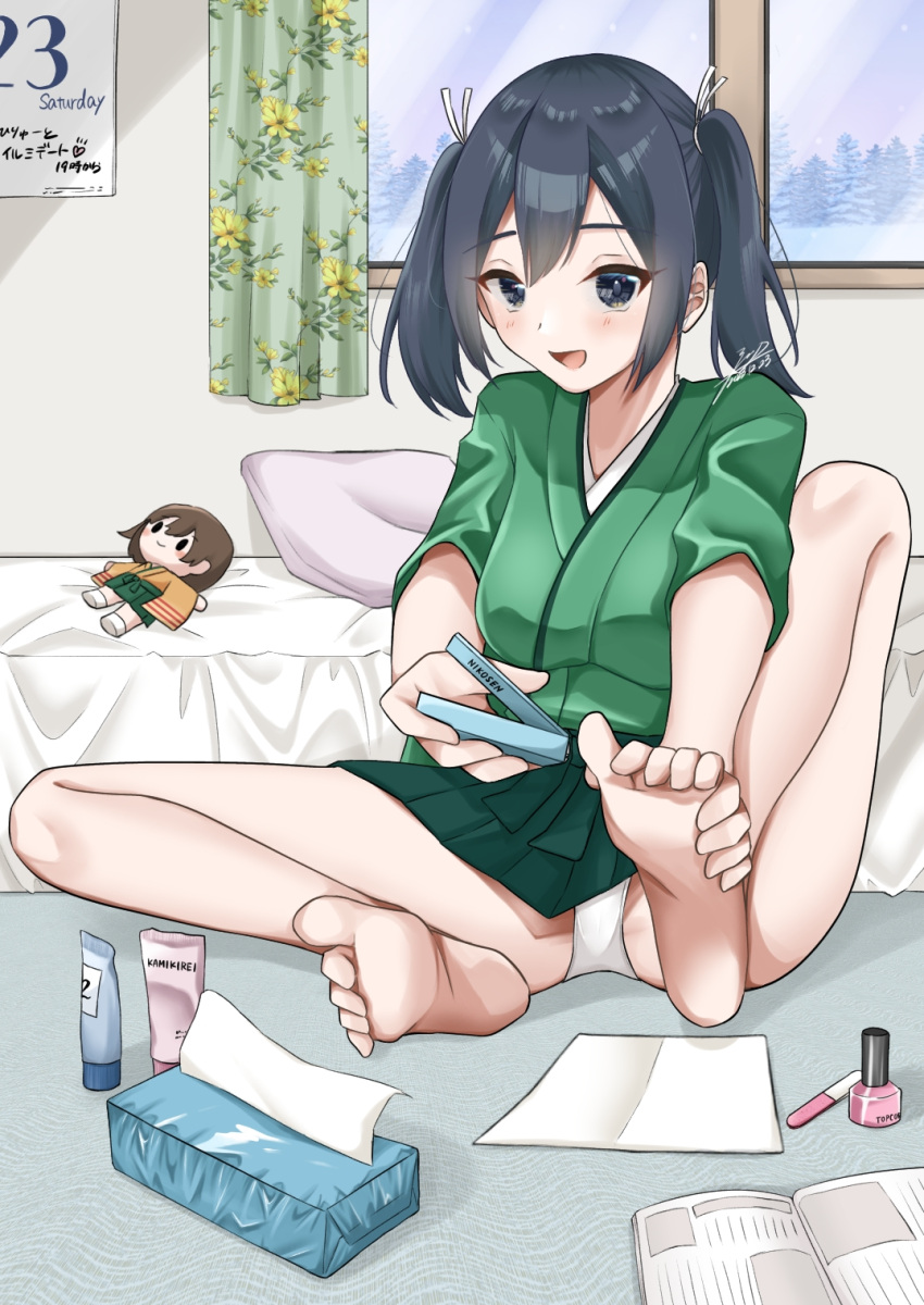 1girl barefoot bed black_eyes black_hair character_doll clipping_nails curtains cutting_nails feet foot_focus green_hakama green_kimono hakama hakama_short_skirt hakama_skirt highres hiryuu_(kancolle) japanese_clothes kantai_collection kimono long_hair nail_clippers nail_polish_bottle panties pantyshot paper shiratsuki_azu sitting skirt soles solo souryuu_(kancolle) tissue_box toes twintails underwear white_panties window