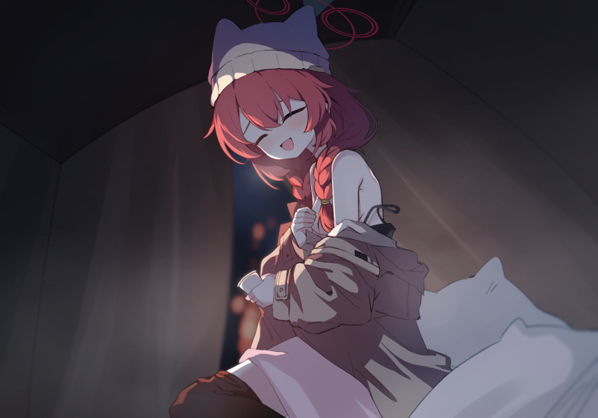 1girl :d animal_ear_headwear beanie black_pantyhose blue_archive braid breasts brown_headwear brown_jacket closed_eyes clothes_pull covering_breasts covering_privates cup facing_viewer halo hat highres holding holding_cup jacket long_hair long_sleeves maki_(blue_archive) maki_(camp)_(blue_archive) official_alternate_costume open_mouth pantyhose pantyhose_pull red_hair red_halo retri small_breasts smile solo strap_slip twin_braids undressing variant_set