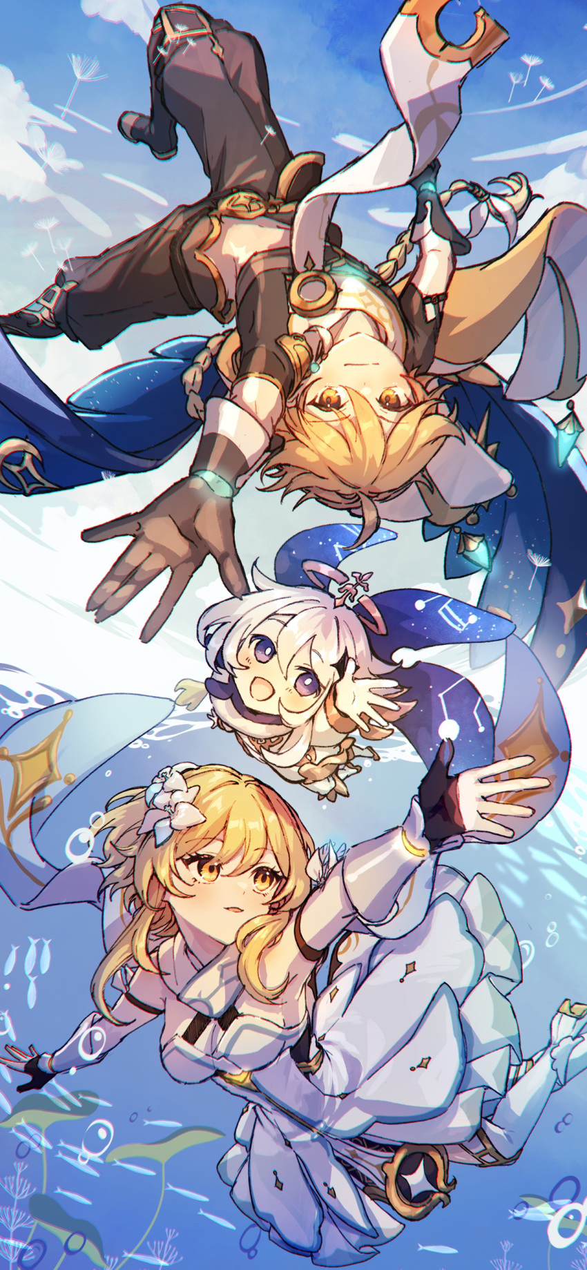 1boy 2girls :d absurdres aether_(genshin_impact) ahoge arched_back arm_up armpits black_gloves blonde_hair blue_eyes blue_sky braid breasts brother_and_sister brown_gloves brown_pants child cleavage cloud dress fingerless_gloves floating flower foreshortening genshin_impact gloves glowing hair_between_eyes hair_flower hair_ornament hand_up highres hozumi_rino lily_(flower) looking_at_viewer lumine_(genshin_impact) medium_breasts multiple_girls open_hand open_mouth orange_eyes paimon_(genshin_impact) pants reaching reaching_towards_viewer short_hair short_hair_with_long_locks siblings sky sleeveless sleeveless_dress smile twins upside-down vambraces white_dress white_flower yellow_eyes