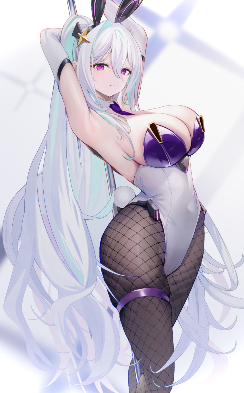 1girl absurdres armpits arms_behind_head arms_up azur_lane between_breasts breasts bright_pupils cleavage covered_navel daiiichukiii detached_collar elbow_gloves feet_out_of_frame fishnet_pantyhose fishnets gloves green_hair highleg highleg_leotard highres kearsarge_(azur_lane) large_breasts leaning_back leotard long_hair looking_at_viewer necktie necktie_between_breasts pantyhose playboy_bunny purple_eyes purple_necktie sideboob strapless strapless_leotard stretching thigh_strap very_long_hair white_hair