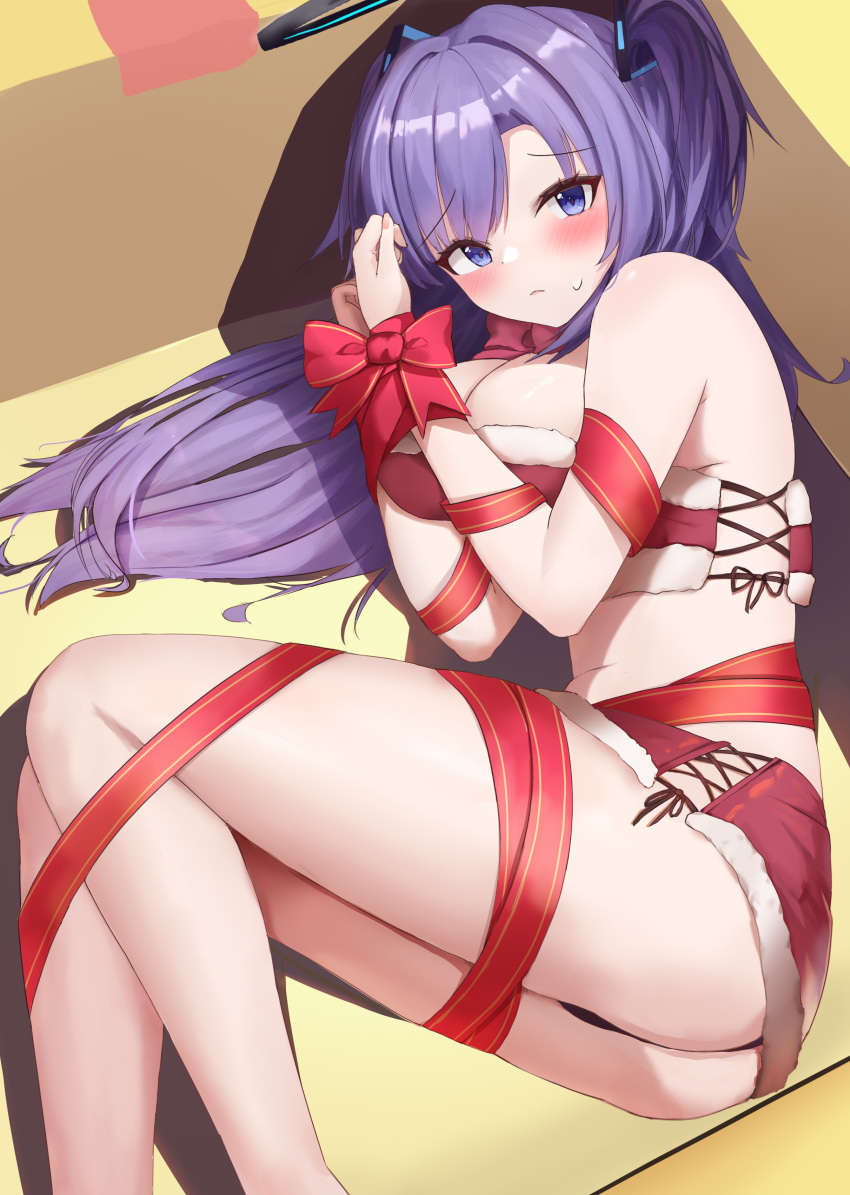 1girl absurdres black_halo blue_archive blush box breasts fur-trimmed_skirt fur-trimmed_tube_top fur_trim halo highres in_box in_container large_breasts long_hair looking_at_viewer naked_ribbon nonoka7221 purple_eyes purple_hair red_skirt red_tube_top ribbon skirt solo strapless tube_top two_side_up yuuka_(blue_archive)