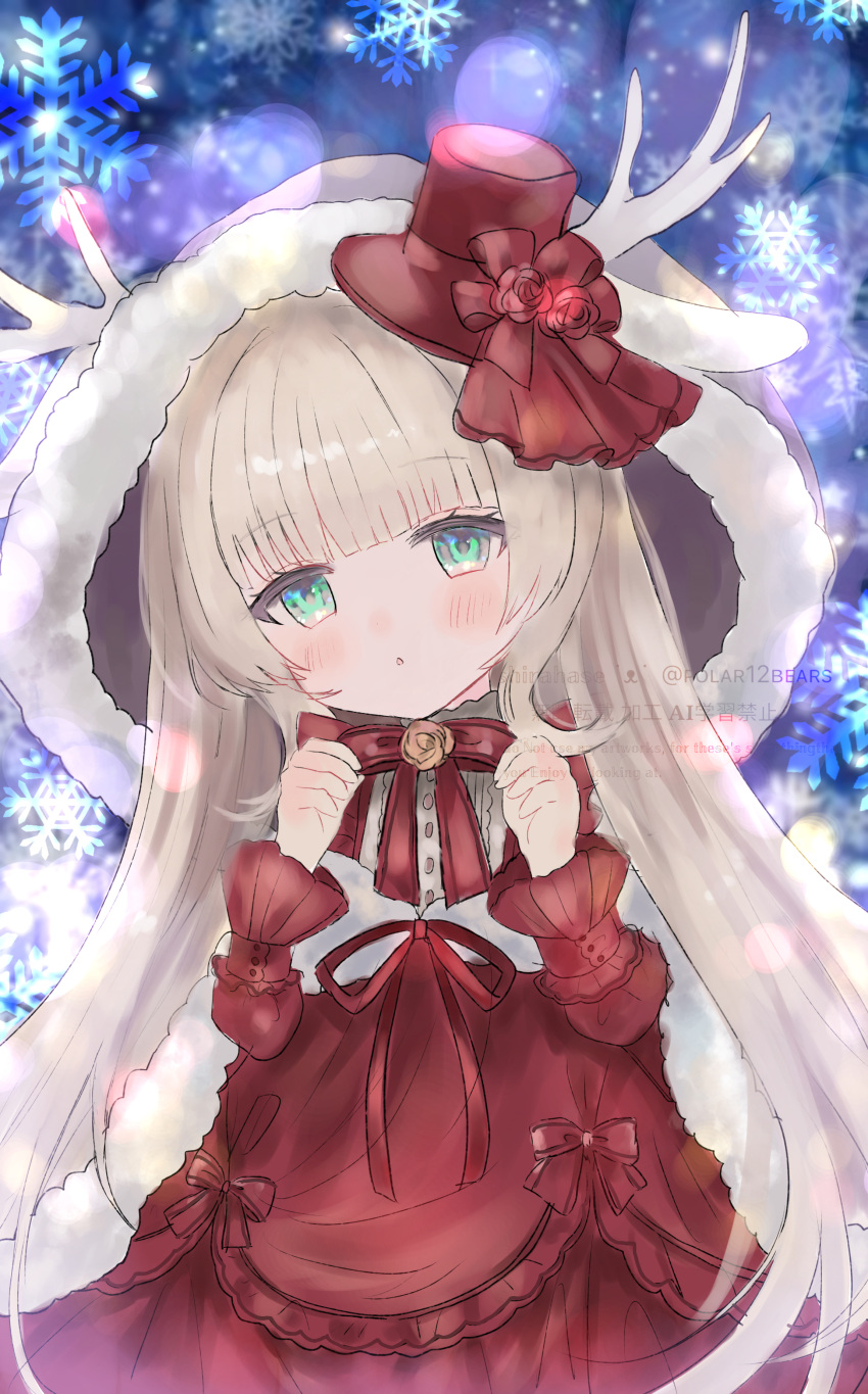 .live absurdres alternate_costume birthday blurry blurry_background blush christmas coat dress green_eyes grey_hair happy_birthday hat highres hood hooded_coat horns looking_at_viewer merry_milk open_mouth ribbon s-polar12bears snow snowflakes virtual_youtuber winter_clothes winter_coat