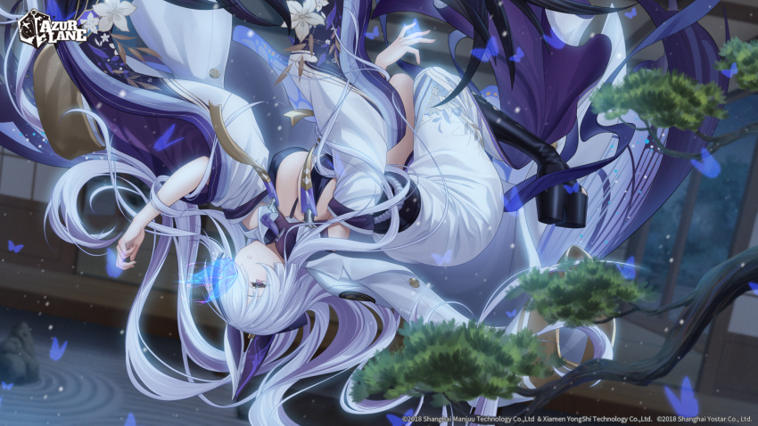 1girl azur_lane black_footwear blue_butterfly boots breasts bug butterfly flower hair_over_one_eye haneru highres japanese_clothes kimono large_breasts long_hair long_sleeves official_art platform_boots platform_footwear purple_eyes purple_hair second-party_source solo unzen_(azur_lane) upside-down very_long_hair white_flower white_hair white_kimono wide_sleeves