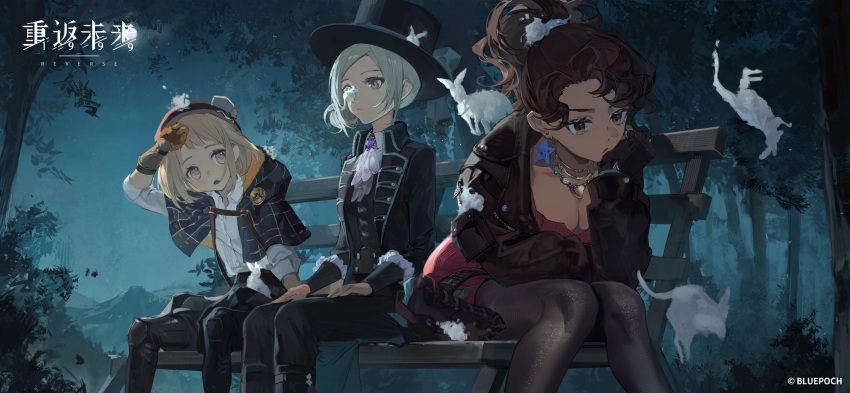 1boy 2girls :&lt; :/ :o annoyed arm_on_thigh ascot black_coat black_jacket black_pants black_pantyhose black_vest blonde_hair blue_bow blue_cloak blue_eyes blue_headwear bob_cut bow breasts brown_eyes brown_gloves brown_hair brown_headwear brown_pants cleavage cloak coat collared_shirt copyright_name copyright_notice cowboy_shot desert_flannel dress earrings elbow_rest ezra_theodore facing_viewer foam full_moon gloves grey_eyes grey_hair hair_bun hand_on_own_face hand_on_own_head hands_on_own_thighs hat hat_bow head_rest high_ponytail highres hood hooded_cloak jacket jewelry kangaroo leaning_forward leather leather_jacket legs_apart logo long_sleeves looking_ahead looking_down looking_to_the_side moon multiple_girls necklace night night_sky official_art official_wallpaper on_bench outdoors pants pantyhose pencil_dress pink_dress reverse:1999 shell shell_necklace shirt short_dress short_hair single_side_bun sitting sitting_on_bench sky sleeves_past_elbows star_(symbol) star_earrings tree v-shaped_eyebrows vertin_(reverse:1999) vest waistcoat white_ascot white_shirt wiping_forehead wiping_sweat