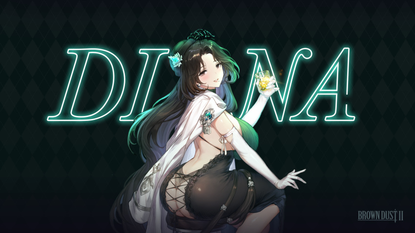 1girl ass backless_outfit bar_stool black_hair breasts brown_dust_2 character_name copyright_name cup diana_(brown_dust) dress drunk elbow_gloves feet_out_of_frame from_behind gem gloves hair_ornament highres holding holding_cup large_breasts light_blush long_hair looking_at_viewer looking_back neon_lights official_art pink_lips ponytail reflection second-party_source shirt shirt_on_shoulders sideboob sitting solo stool strapless strapless_dress very_long_hair white_gloves white_shirt