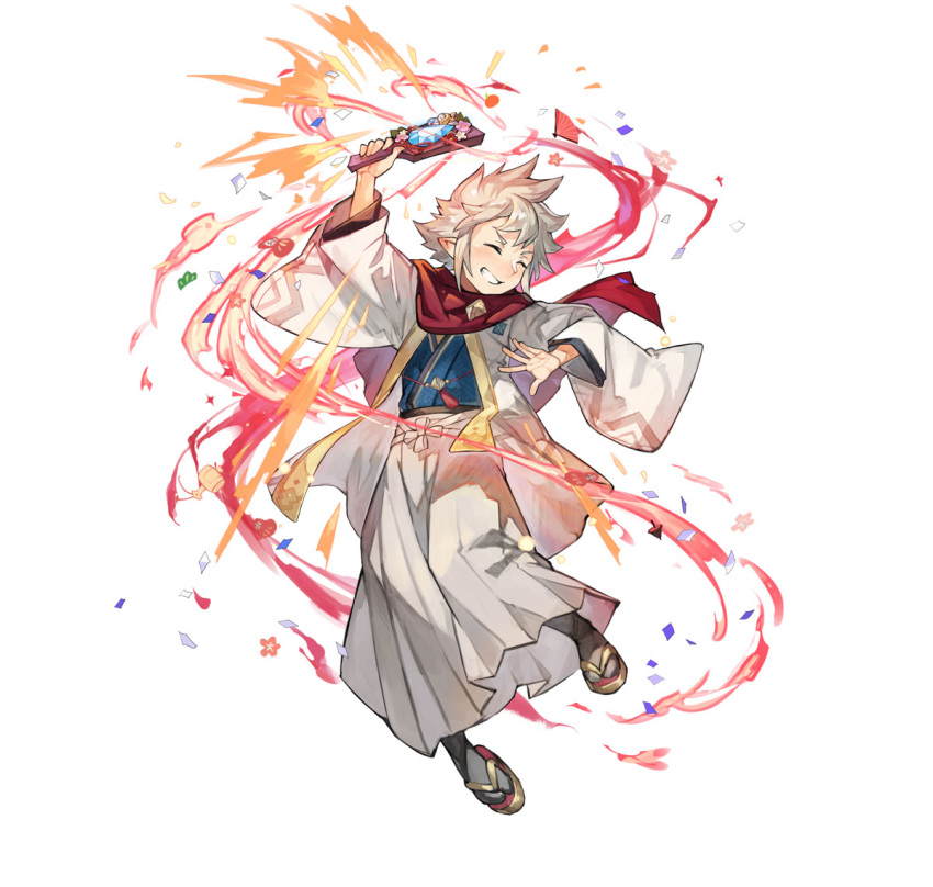 1boy closed_eyes dragonstone fire_emblem fire_emblem_fates fire_emblem_heroes grin hagoita heart_attack japanese_clothes kana_(fire_emblem) kana_(male)_(fire_emblem) kana_(male)_(rising_dragon)_(fire_emblem) kimono official_alternate_costume official_art paddle scarf smile solo spiked_hair teeth v-shaped_eyebrows white_hair