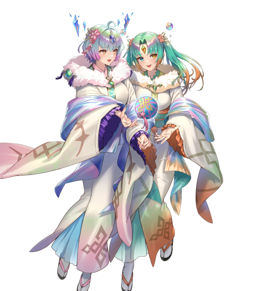 2girls ahoge aqua_eyes ball breasts bubble crystal cuboon fire_emblem fire_emblem_heroes floating floating_ball floating_object forehead_jewel full_body heidr_(fire_emblem) highres japanese_clothes jewelry kimono large_breasts looking_to_the_side multicolored_hair multiple_girls non-web_source obi official_alternate_costume official_art open_mouth parted_lips purple_hair sandals sash second-party_source seidr_(fire_emblem) seidr_(new_year)_(fire_emblem) short_hair smile solo tabi teeth white_background yellow_eyes