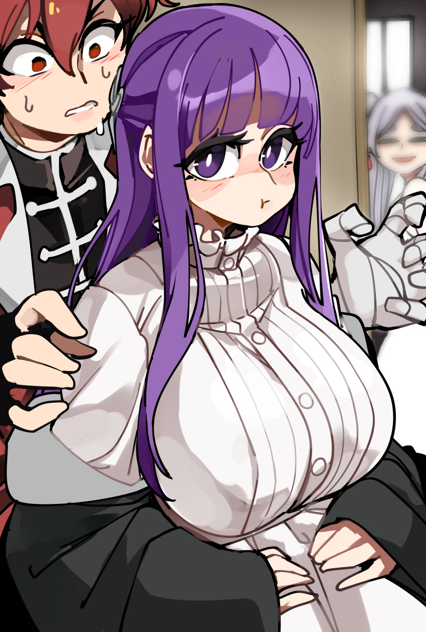 1boy 2girls :t absurdres blunt_bangs blurry blurry_background blush bongfill breasts constricted_pupils cut_bangs dress fern_(sousou_no_frieren) frieren highres large_breasts long_hair looking_at_viewer multiple_girls pout purple_eyes purple_hair red_hair sousou_no_frieren stark_(sousou_no_frieren) straight_hair sweatdrop white_dress