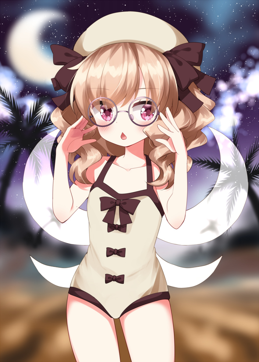 1girl black-framed_eyewear black_bow blonde_hair blurry blurry_background bow commentary_request crescent_moon drill_hair drill_sidelocks highres looking_at_viewer luna_child medium_hair moon one-piece_swimsuit outdoors pink_eyes round_eyewear ruu_(tksymkw) sidelocks sky solo star_(sky) starry_sky swimsuit touhou white_headwear white_one-piece_swimsuit wings