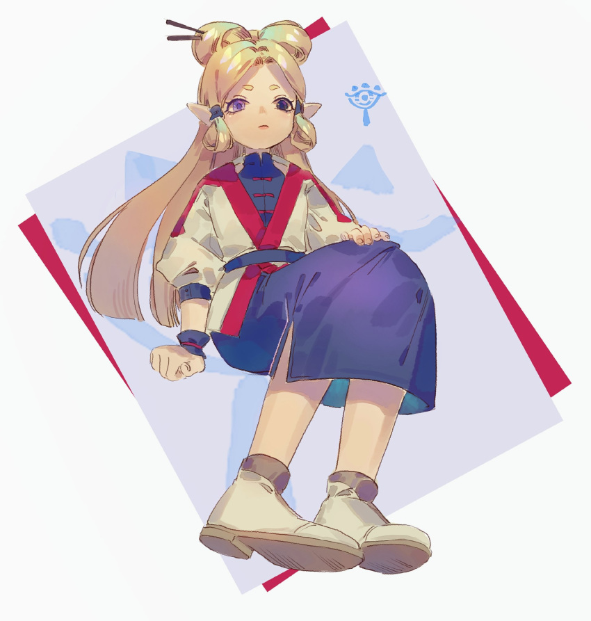1girl bare_shoulders blonde_hair blue_dress blue_wrist_cuffs blunt_ends bow-shaped_hair brown_socks china_dress chinese_clothes clenched_hand closed_mouth collared_dress dress eyelashes fingernails frown full_body hair_ornament hair_rings hair_tubes hairpin hand_on_lap heterochromia high_collar highres impa jacket long_hair long_sleeves looking_at_viewer pointy_ears puffy_long_sleeves puffy_sleeves purple_eyes shoes sitting sleeveless sleeveless_dress socks solo the_legend_of_zelda the_legend_of_zelda:_breath_of_the_wild white_background white_footwear white_jacket white_sleeves yanmian_(printemps-noir)
