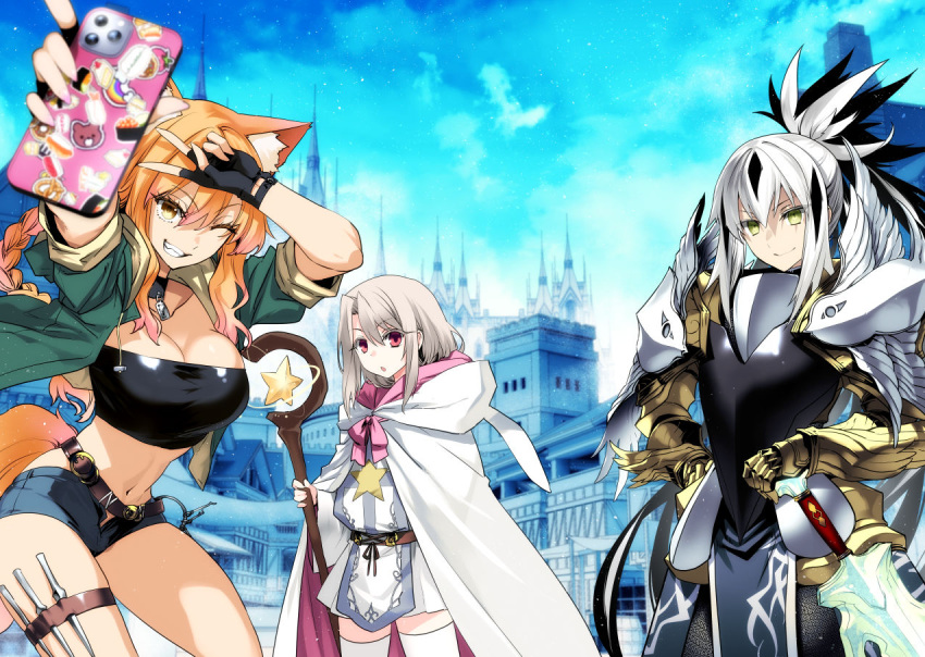 3girls animal_ears armor black_hair blue_sky blush breasts castle cellphone fate/grand_order fate_(series) fox_ears fox_girl green_eyes grin hair_between_eyes high_ponytail illyasviel_von_einzbern ishida_akira large_breasts long_hair looking_at_viewer multicolored_hair multiple_girls nagao_kagetora_(fate) one_eye_closed orange_eyes orange_hair phone red_eyes sidelocks sky small_breasts smile staff suzuka_gozen_(fate) sword thighs two-tone_hair uesugi_kenshin_(fate) very_long_hair weapon white_hair