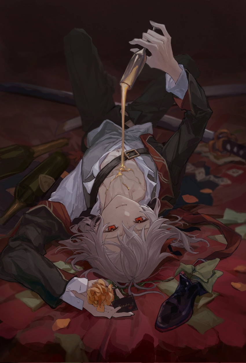 1boy aimieria alcohol alternate_costume bishounen bottle flower full_body genshin_impact glass highres kaedehara_kazuha katana male_focus on_bed pants pouring pouring_onto_self red_eyes rose shirt shoes short_hair solo sword weapon white_hair white_shirt