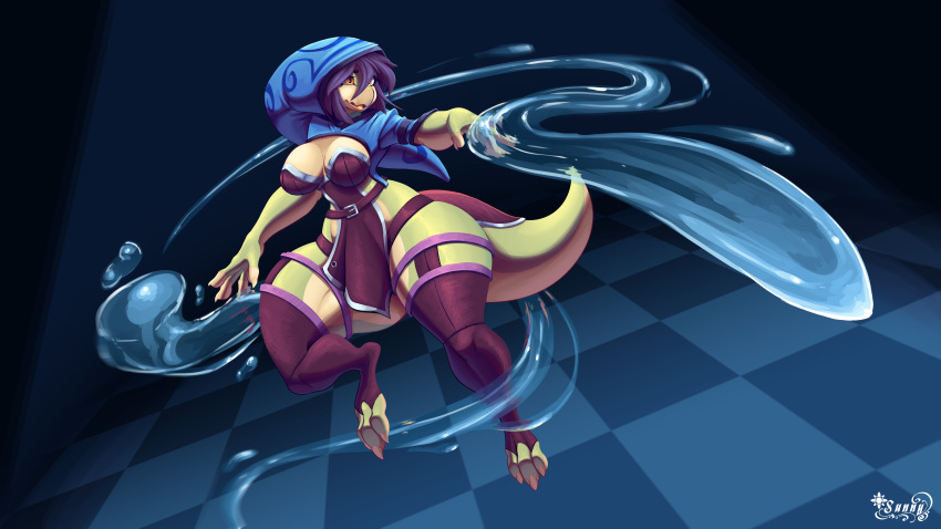 16:9 3_toes 4_fingers 4k absurd_res anthro black_hair blue_clothing blue_hoodie blue_topwear breasts clothed clothing dragon elemental_manipulation feet female fingers hair hi_res hoodie multicolored_body simple_background small_tail solo sunny_draconis tail thick_thighs toes topwear two_tone_body water_manipulation widescreen