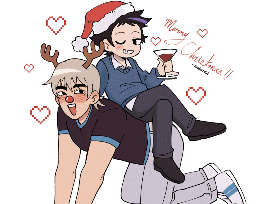 2boys all_fours artist_name black_eyes black_hair blue_sweater blush commentary crossed_arms fake_antlers grin hat heart highres light_brown_hair mafureid male_focus merry_christmas multiple_boys one_eye_closed pinky_out santa_hat scott_pilgrim_(series) scott_pilgrim_takes_off sitting sitting_on_person smile sweater todd_ingram wallace_wells yaoi