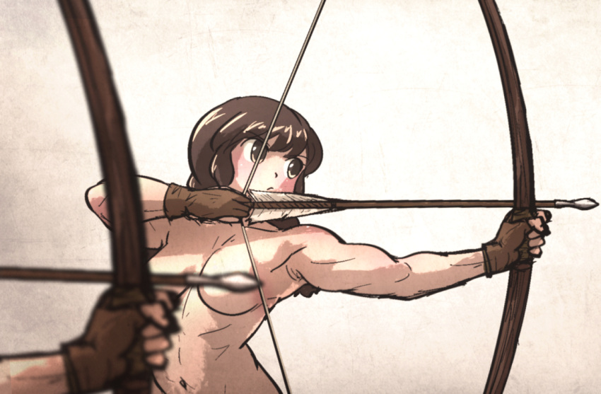 arrow_(projectile) bow_(weapon) breasts brown_hair convenient_censoring drawing_bow gloves holding holding_bow_(weapon) holding_weapon ironlily long_hair multiple_girls original weapon