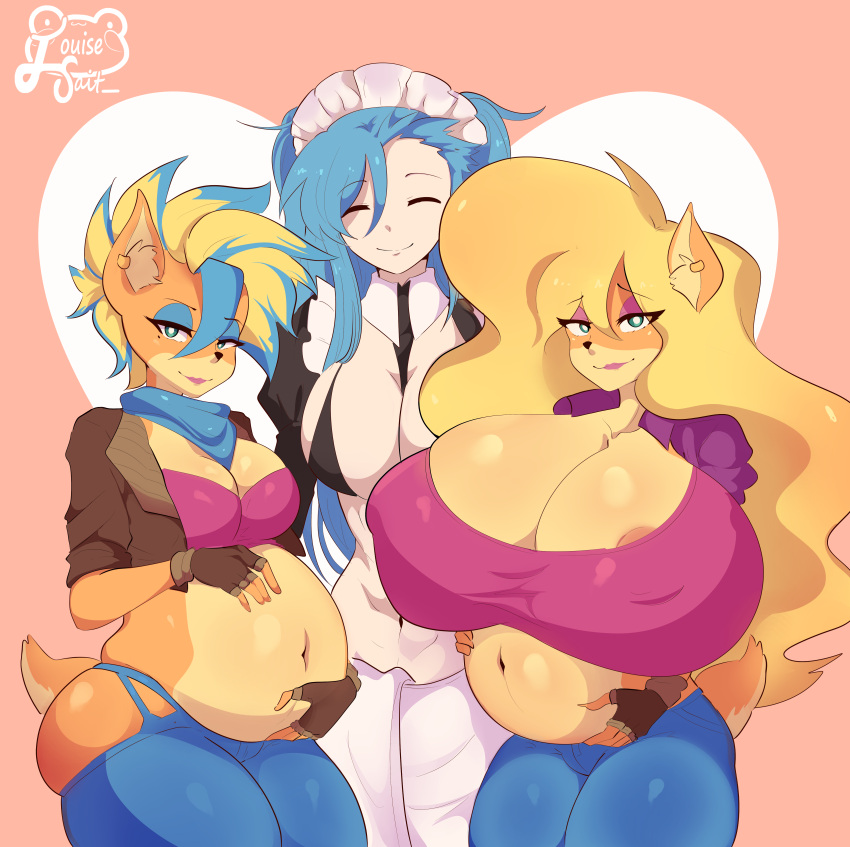 absurd_res activision akeno_(itsnafulol) anthro bandicoot big_breasts blonde_hair blue_hair bottomwear breasts canon_x_oc clothing crash_bandicoot_(series) denim denim_bottomwear denim_clothing female female/female fingerless_gloves gloves green_eyes gynomorph gynomorph/female hair hair_between_eyes handwear hi_res holding_belly huge_breasts human human_on_anthro intersex intersex/female interspecies jacket jeans lipstick louisesait makeup mammal marsupial mascara pants pirate_tawna pregnant shirt smile tank_top tawna_bandicoot thick_thighs topwear wide_hips