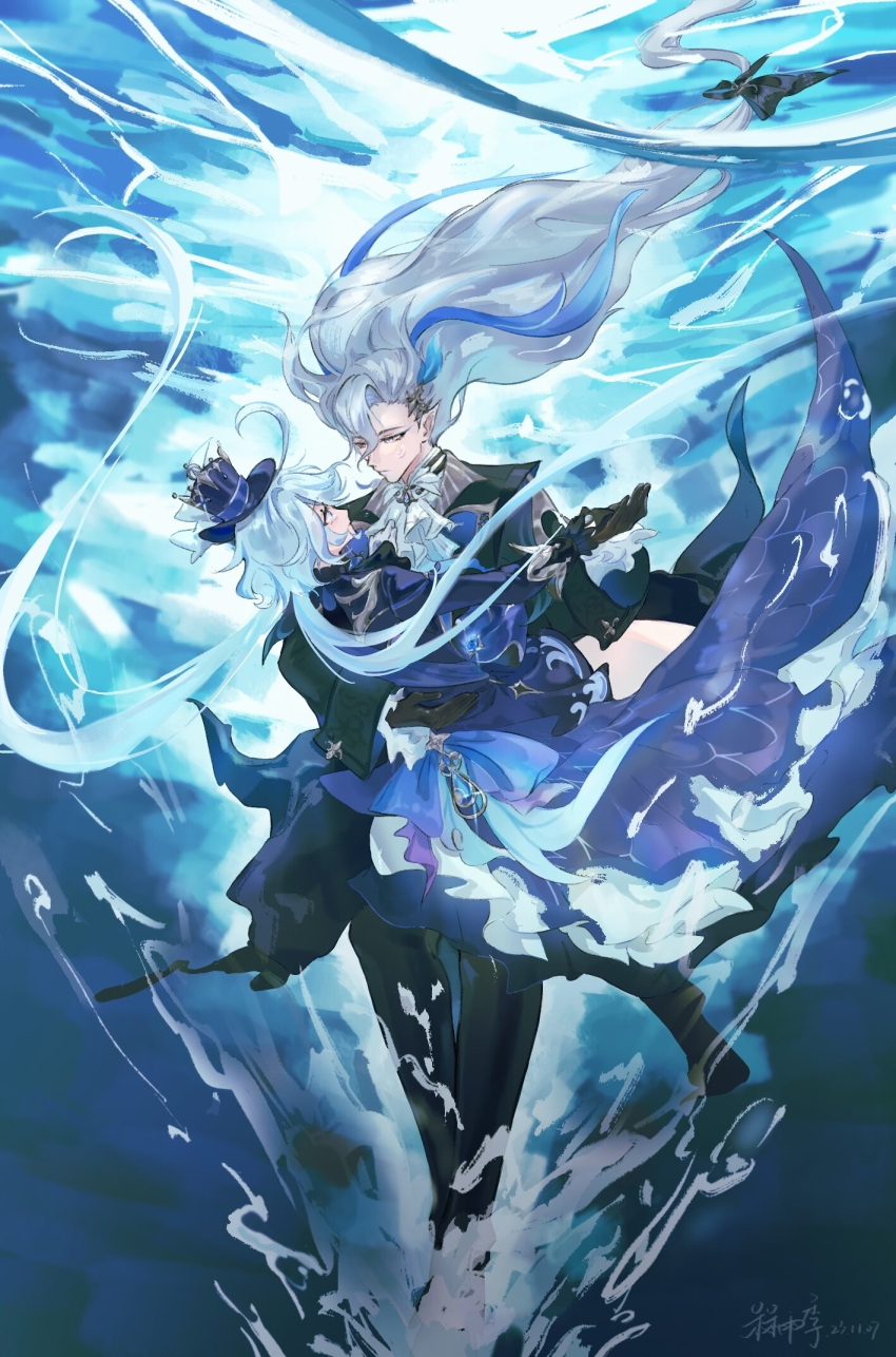 1boy 1girl ahoge air_bubble artist_name ascot black_gloves blue_eyes blue_hair blue_headwear blue_jacket bubble closed_mouth furina_(genshin_impact) genshin_impact ginkgo122 gloves hair_between_eyes hat highres holding_hands jacket light_blue_hair long_hair looking_at_another multicolored_hair neuvillette_(genshin_impact) pointy_ears purple_eyes sidelocks signature streaked_hair top_hat two-tone_hair water white_ascot white_hair