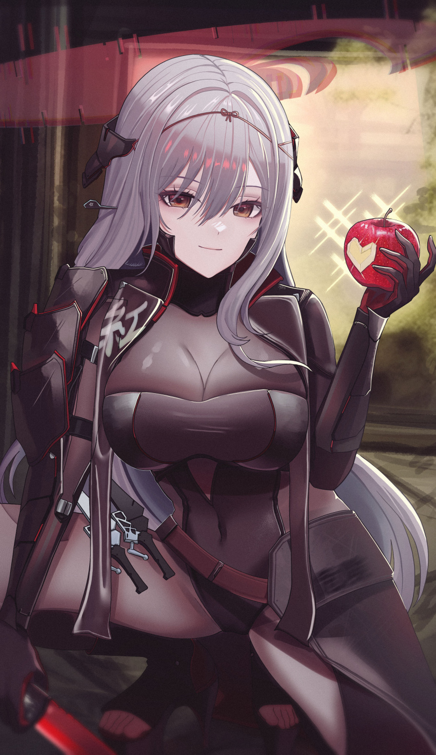 1girl absurdres apple armor bodysuit breasts brown_eyes closed_mouth food fruit gmg goddess_of_victory:_nikke grey_bodysuit grey_hair hair_ornament hair_stick halo highres holding holding_sword holding_weapon japanese_armor large_breasts long_hair official_alternate_costume scarlet_(black_shadow)_(nikke) scarlet_(nikke) shoulder_armor smile solo squatting sword weapon