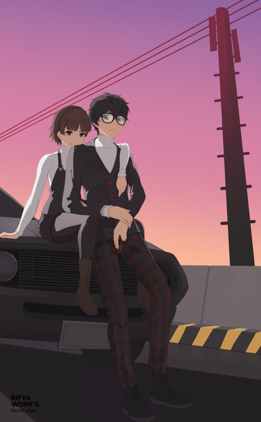 1boy 1girl absurdres amamiya_ren arm_around_shoulder arm_support black-framed_eyewear black_eyes black_jacket boots braid brown_eyes brown_footwear calling_card car couple crown_braid full_body glasses gradient_sky grand_theft_auto grand_theft_auto_vi highres jacket motor_vehicle niijima_makoto outdoors pants parody persona persona_5 plaid plaid_pants plaid_skirt rifyaa road school_uniform shuujin_academy_school_uniform sitting_on_car skirt sky smile standing street