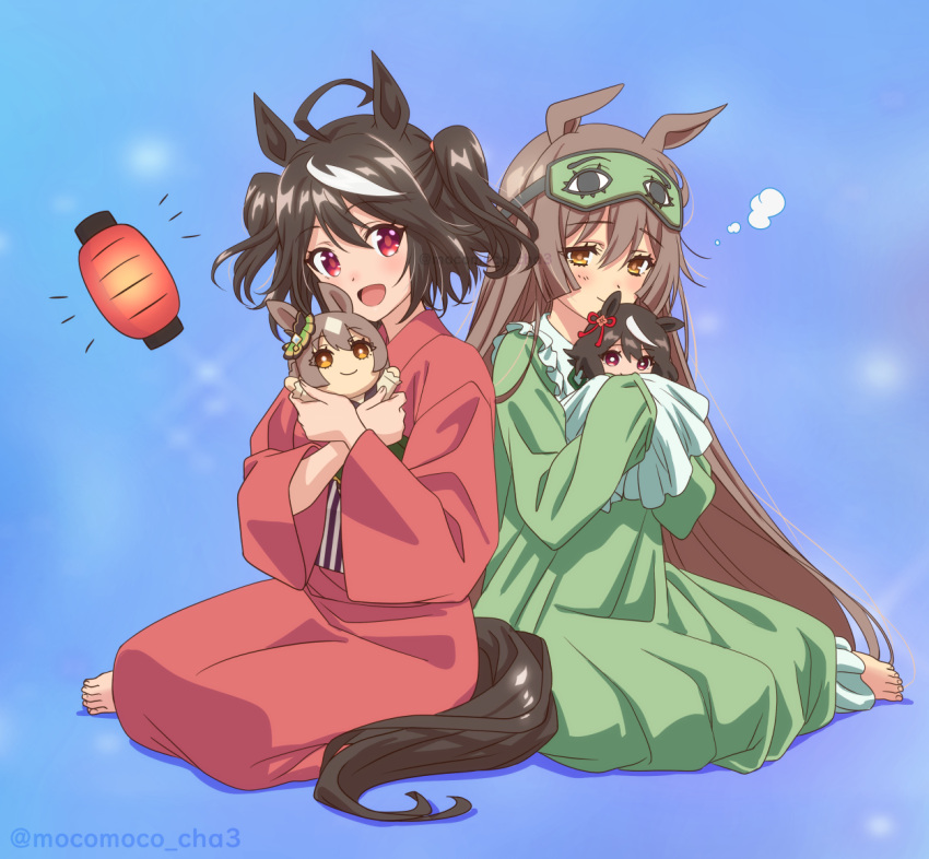 2girls :d ahoge animal_ears blue_background blush brown_eyes brown_hair character_doll dress ear_ornament green_dress hair_between_eyes hair_ornament horse_ears horse_girl horse_tail japanese_clothes kimono kitasan_black_(umamusume) lantern long_hair long_sleeves mask mask_on_head multicolored_hair multiple_girls open_mouth red_kimono satono_diamond_(umamusume) simple_background sitting sleep_mask sleeves_past_fingers sleeves_past_wrists smile streaked_hair tail tsuji_tomoko twitter_username two_side_up umamusume very_long_hair