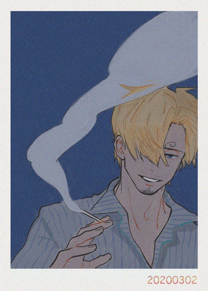 1boy blonde_hair blue_border blue_eyes blue_shirt border cigarette colored_skin curly_hair dated errrrrliao_ge_ai goat hair_over_one_eye highres holding holding_cigarette looking_at_viewer male_focus one_piece parted_lips patterned_clothing sanji_(one_piece) shirt simple_background smile smoke solo white_background white_skin