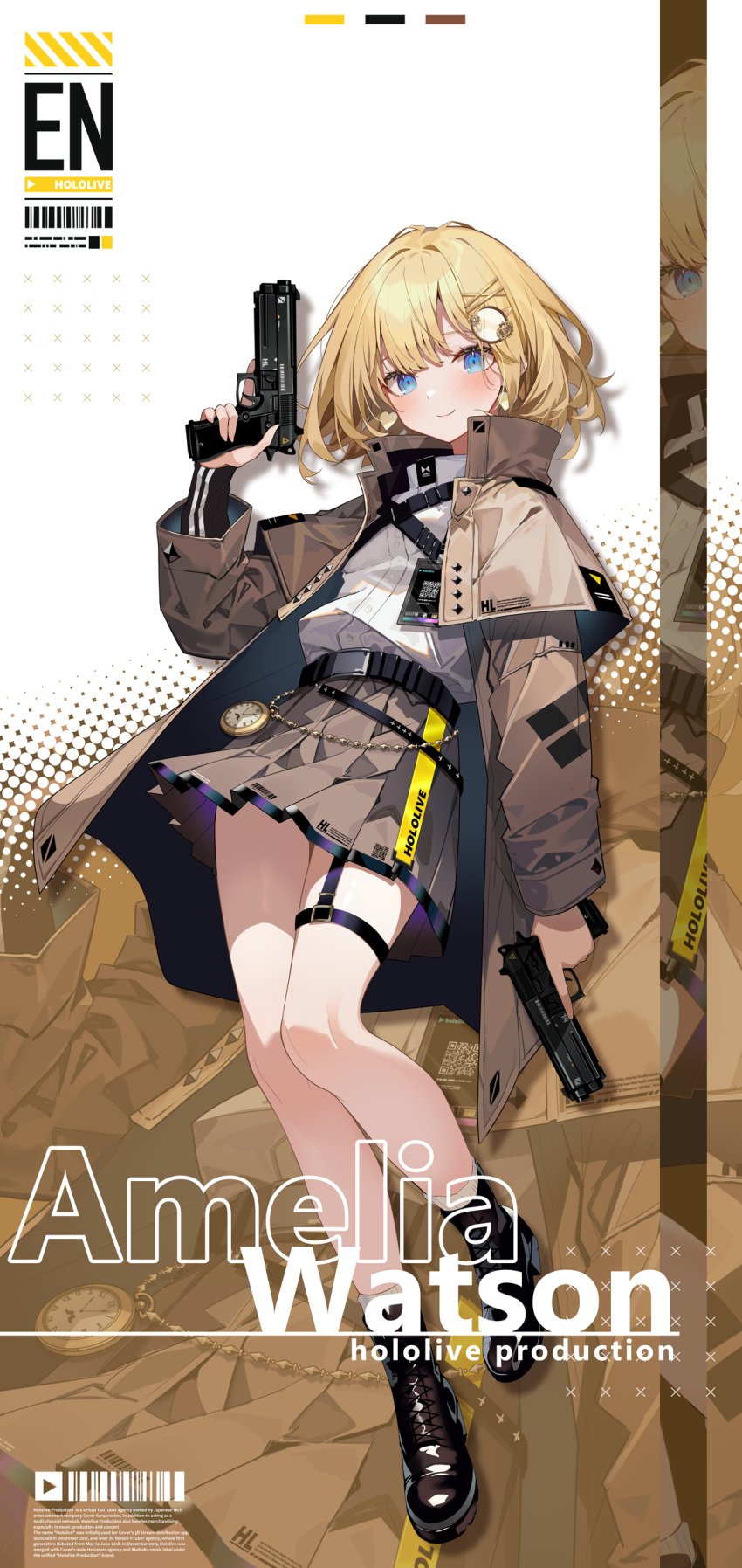 1girl absurdres black_footwear blonde_hair blue_eyes blush boots brown_capelet brown_coat brown_skirt capelet character_name closed_mouth coat copyright_name dual_wielding earrings full_body gun handgun heart heart_earrings highres holding holding_gun holding_weapon hololive hololive_english ishihara_(kuniyoshi) jewelry long_sleeves looking_at_viewer miniskirt pleated_skirt short_hair skirt smile socks solo thigh_strap trench_coat trigger_discipline virtual_youtuber watson_amelia weapon