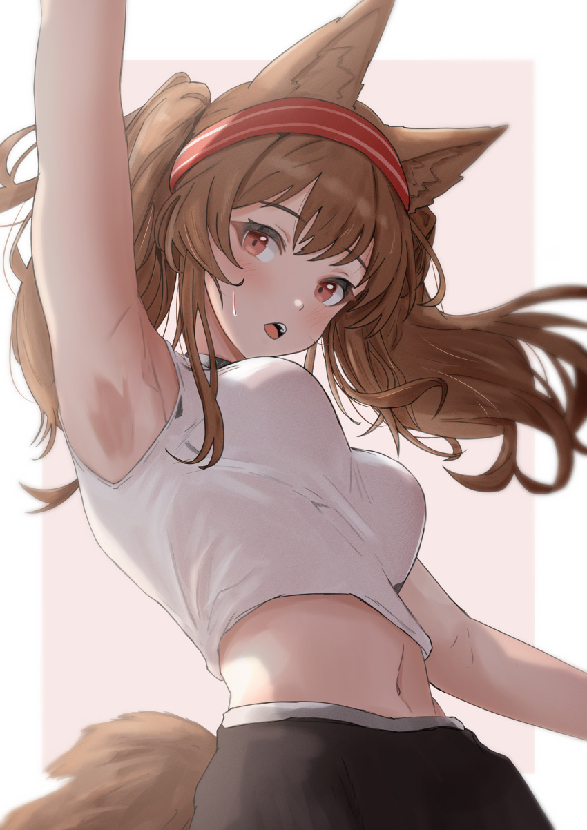 1girl absurdres angelina_(arknights) animal_ears arknights arm_up black_coat black_pants breasts brown_hair coat fox_ears fox_tail hairband highres long_hair looking_at_viewer medium_breasts midriff navel open_mouth pants red_eyes red_hairband shirt simple_background solo sora_mame_(princess_0sora) sweat sweatdrop tail teeth twintails upper_teeth_only white_shirt