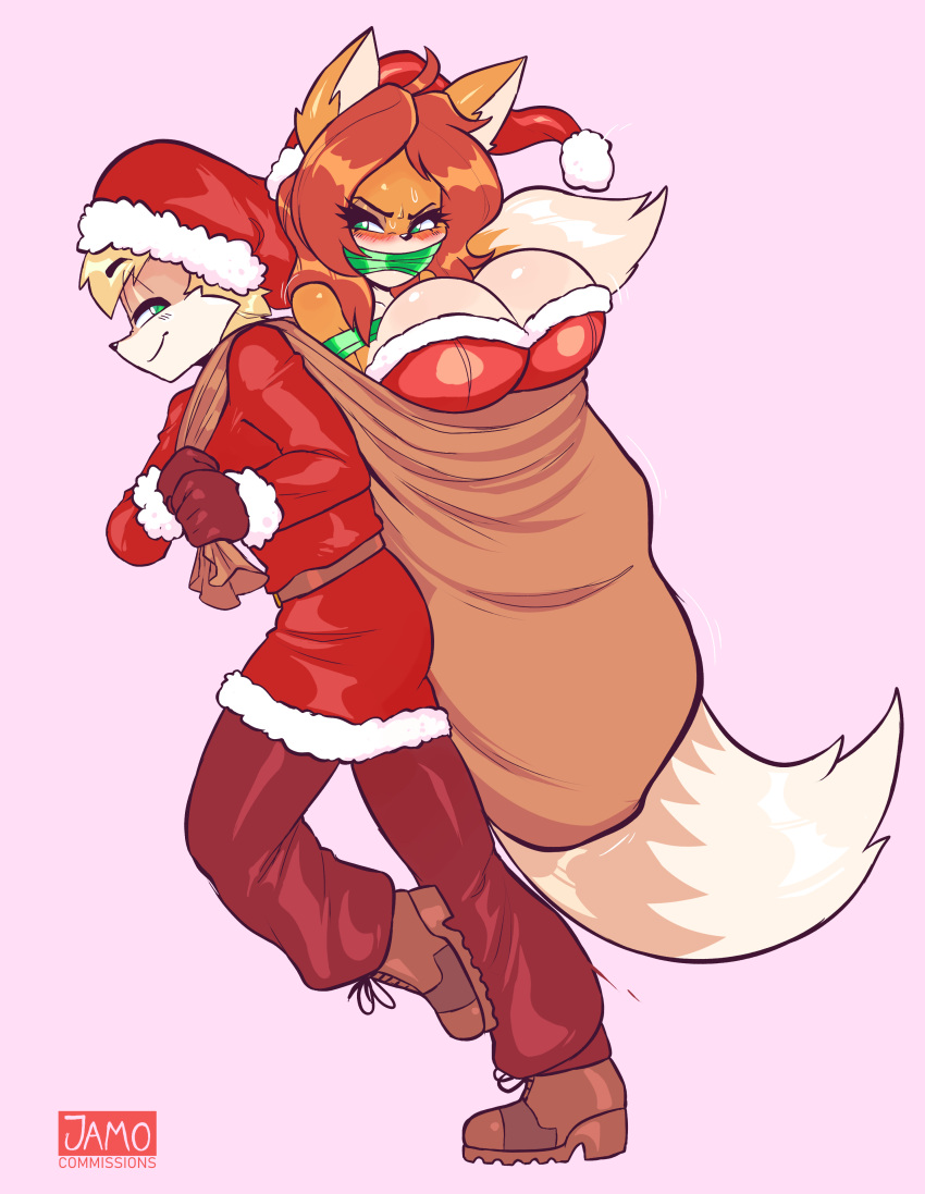 2023 absurd_res anthro arms_tied big_breasts blonde_hair blush bodily_fluids boots bottomwear bound breasts brown_boots brown_clothing brown_footwear canid canine carrying_another carrying_bag carrying_partner christmas christmas_clothing christmas_headwear cleavage clothed clothing costume duo female fluffy fluffy_tail footwear fox fur gag gagged gloves green_eyes hair handwear hat headgear headwear hi_res holidays ian_(furrybound) jamoart male mammal narrowed_eyes orange_body orange_fur orange_hair pants pink_background red_bottomwear red_clothing red_gloves red_handwear red_pants ribbon_gag santa_costume santa_hat scarlett_(furrybound) simple_background smile smirk sweat tail wearing_hat