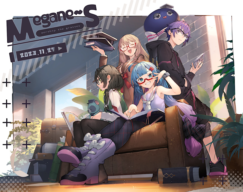 1boy 3girls ^_^ ahoge animal_hood argyle argyle_bow argyle_pantyhose black_hair black_hoodie black_pants black_pantyhose blonde_hair blue_hair blunt_bangs book book_stack boots border bow bowtie braid brick_wall brown_serafuku cevio closed_eyes commentary_request couch dated english_text engrish_text facing_viewer foreshortening glasses gradient_hair green_eyes green_sweater_vest grin hair_bow hair_ornament hair_over_shoulder hairclip hanakuma_chifuyu haruno_sora high_heel_boots high_heels holding holding_book hood hood_down hoodie indoors larkpatch leaning_on_object long_hair long_sleeves looking_at_viewer looking_to_the_side low_twin_braids low_twintails multicolored_hair multiple_girls neckerchief on_couch open_book otomachi_una otomachi_una_(talkex) outside_border outstretched_legs pants pantyhose pile plant potted_plant purple_eyes purple_footwear purple_hair purple_shirt rabbit_hood ranguage red_bow red_bowtie romaji_text school_uniform semi-rimless_eyewear serafuku shirinda_fureiru shirt short_hair sitting sleeveless sleeveless_shirt smile standing stuffed_animal stuffed_toy sweatdrop sweater_vest synthesizer_v talkex teddy_bear trait_connection twin_braids twintails very_long_hair vocaloid voicepeak voiceroid white_border white_neckerchief white_shirt wristband yuzuki_yukari's_younger_twin_brother