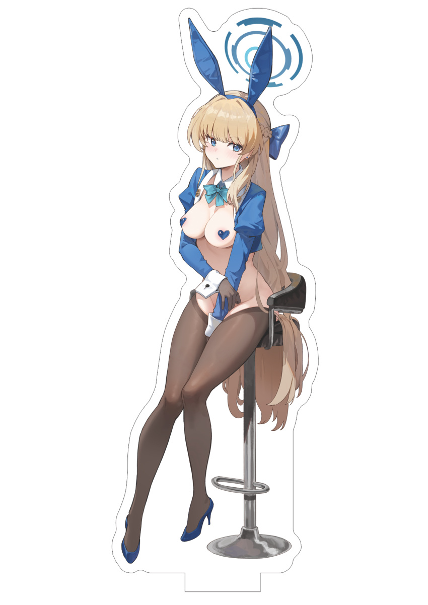 1girl absurdres animal_ears bar_stool blonde_hair blue_archive blue_bow blue_eyes blush bow bowtie breasts closed_mouth fake_animal_ears full_body halo heart_pasties high_heels highres long_hair looking_at_viewer meme_attire pasties playboy_bunny rabbit_ears revealing_clothes reverse_bunnysuit reverse_outfit shrug_(clothing) simao_(x_x36131422) simple_background sitting solo stool thighhighs toki_(blue_archive) toki_(bunny)_(blue_archive) very_long_hair white_background