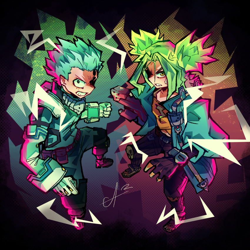 1boy 1girl akuserusama bandaid bandaid_on_face belt blue_jacket bodysuit boku_no_hero_academia brown_eyes brown_gloves brown_pants clenched_teeth electricity eyes_in_shadow fighting_stance fingerless_gloves gloves glowing glowing_hair green_bodysuit green_eyes green_hair gun highres jacket knee_pads league_of_legends lightning_bolt_symbol messy_hair midoriya_izuku open_clothes open_jacket pants parted_bangs red_footwear short_hair tank_top teeth toeless_footwear twintails weapon white_gloves yellow_tank_top zeri_(league_of_legends)