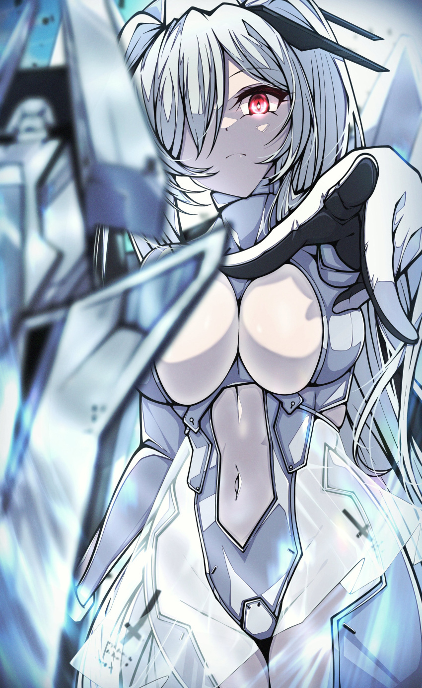 1girl absurdres bodysuit breasts cinderella_(nikke) cleavage_cutout clothing_cutout commentary expressionless full_body goddess_of_victory:_nikke hair_over_one_eye headgear highres kakuzatou_(cubesugar03196) large_breasts long_hair navel navel_cutout one_eye_covered red_eyes revealing_clothes see-through see-through_skirt skirt solo twintails very_long_hair weapon white_bodysuit white_hair