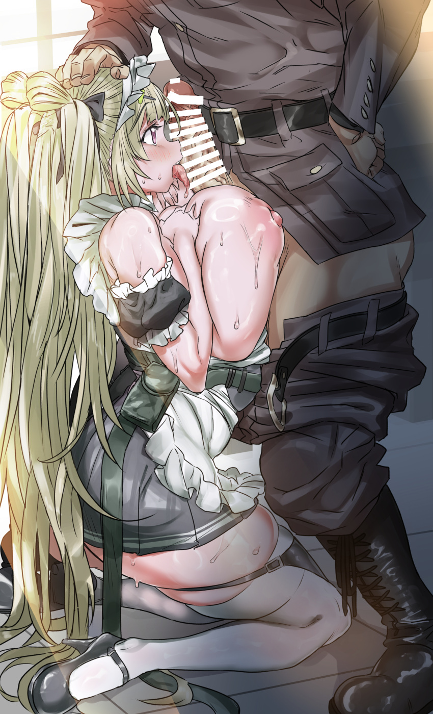 1boy 1girl absurdres apron arm_garter backless_dress backless_outfit bar_censor belt belt_pouch black_dress black_footwear blush bow-shaped_hair breasts breasts_out censored clothed_sex commander_(nikke) commentary commission dress erection fellatio from_side full_body gajimaro goddess_of_victory:_nikke green_belt green_hair hand_on_another's_head hetero high_heels highres huge_breasts kneeling licking licking_penis long_hair maid maid_apron nipples oral paizuri penis pleated_dress pouch purple_eyes short_dress skeb_commission soda_(nikke) solo_focus sweat thighhighs tongue tongue_out very_long_hair white_thighhighs