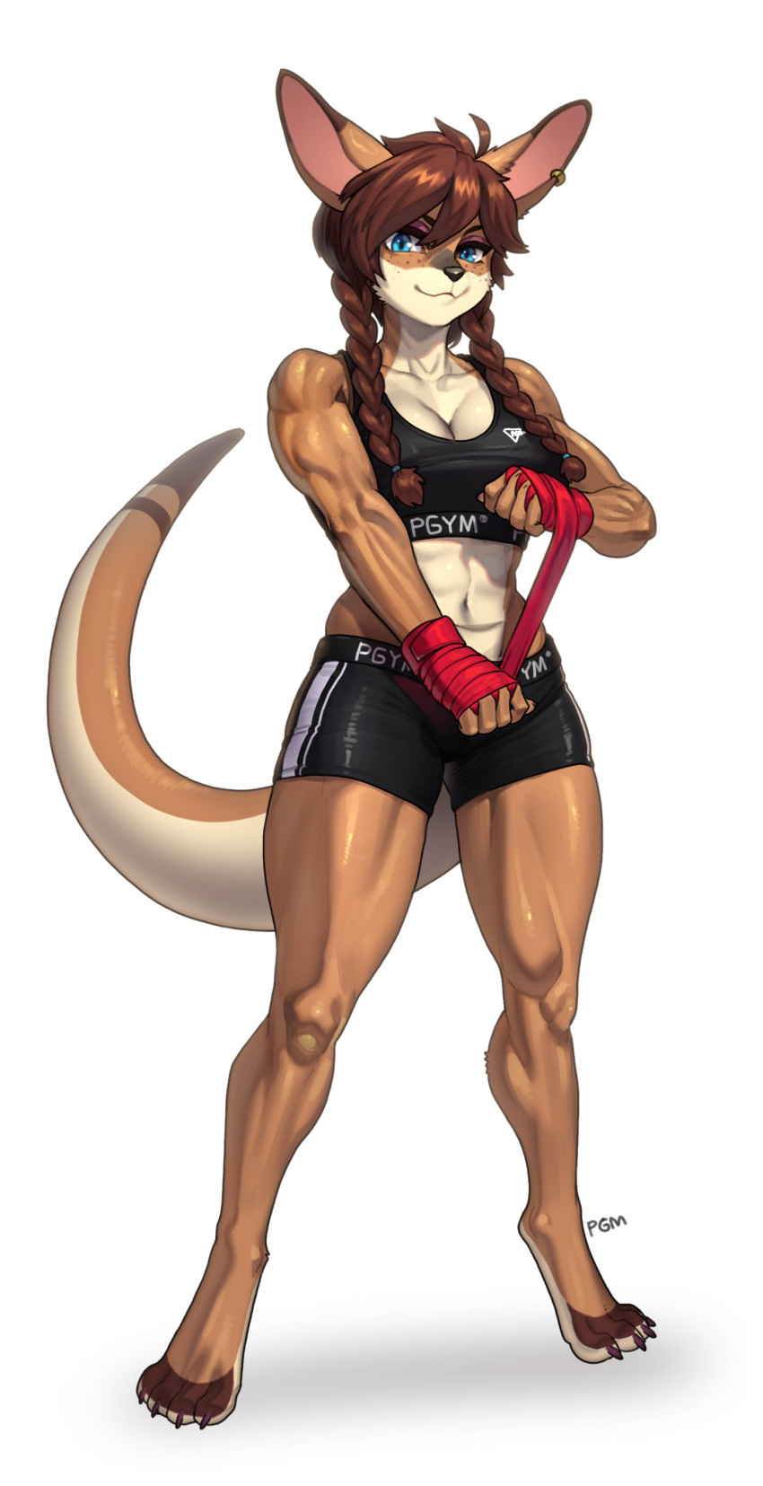 abs absurd_res anthro blue_eyes bottomwear bra braided_pigtails breasts claws cleavage clothed clothing ear_piercing ear_ring eyeshadow female freckles fur gym_bottomwear gym_clothing gym_shorts hand_wraps hi_res kangaroo looking_at_viewer macropod makeup mammal marsupial midriff muscular muscular_anthro muscular_female pgm300 piercing pouch_(anatomy) ring_piercing shorts simple_background solo sports_bra standing tail tan_body tan_fur thick_tail toe_claws underwear wraps