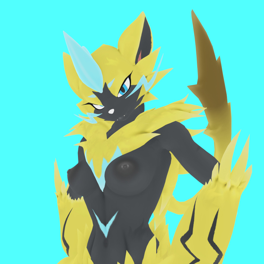 1:1 3d_(artwork) absurd_res anthro black_body breasts digital_media_(artwork) felid feline female generation_7_pokemon hi_res legendary_pokemon looking_at_viewer mammal multicolored_body nintendo nipples one_01 pokemon pokemon_(species) solo yellow_body zeraora