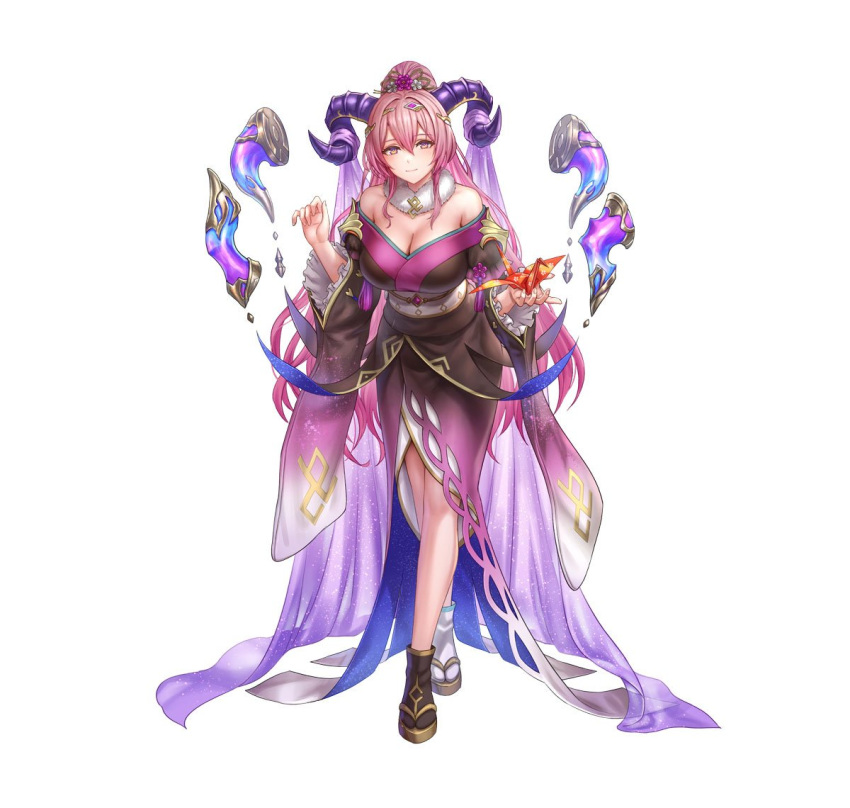 1girl anbe_yoshirou blush breasts cleavage curled_horns fire_emblem fire_emblem_heroes floating floating_object frilled_sleeves frills fur_trim gloves goat_horns hair_ornament horns large_breasts long_hair looking_at_viewer multicolored_hair nerthuz_(fire_emblem) nerthuz_(new_year)_(fire_emblem) official_art origami paper_crane pink_hair ponytail purple_eyes second-party_source solo two-tone_hair very_long_hair