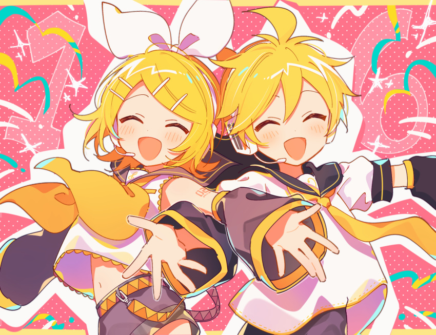 1boy 1girl 4_(nakajima4423) ahoge anniversary black_sailor_collar black_shorts blonde_hair blush border bow brother_and_sister closed_eyes commentary confetti crop_top detached_sleeves hair_bow hair_ornament hairclip headphones highres kagamine_len kagamine_rin long_sleeves looking_at_viewer midriff neckerchief number_tattoo open_mouth outstretched_arms pink_background polka_dot polka_dot_background sailor_collar shirt short_hair shorts shoulder_tattoo siblings simple_background smile sparkle tattoo twins upper_body vocaloid white_bow white_shirt yellow_neckerchief