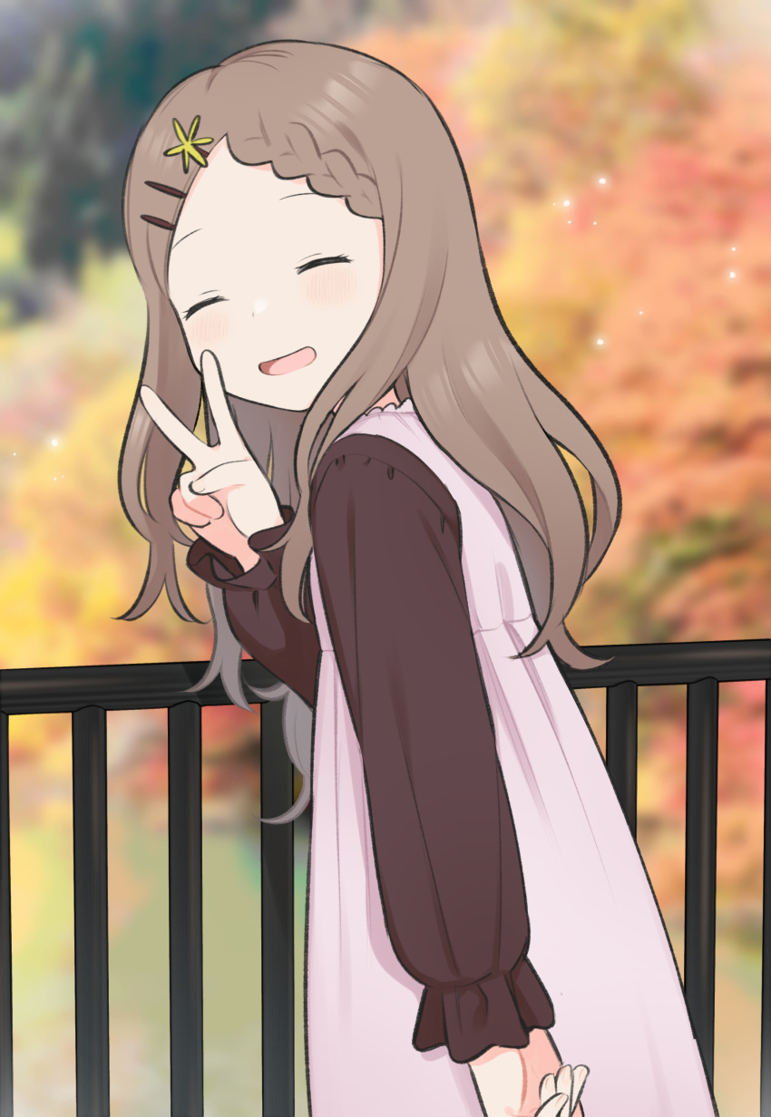 1girl absurdres aoba_kokona braid closed_eyes dress facing_viewer from_side hair_ornament hairclip hand_up highres light_blush light_brown_hair long_hair long_sleeves meis_(terameisu) open_mouth outdoors pink_dress railing smile solo turning_head upper_body v yama_no_susume