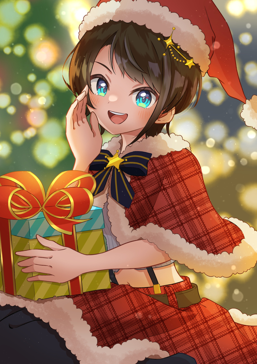 1girl absurdres black_pantyhose blue_eyes brown_hair capelet christmas_present cropped_shirt gift grey_shirt hat highres holding holding_gift hololive looking_at_viewer official_alternate_costume oozora_subaru oozora_subaru_(2nd_costume) open_mouth pantyhose pleated_capelet pleated_skirt red_capelet red_skirt refisa santa_capelet santa_hat shirt short_hair skirt smile solo striped striped_shirt suspenders teeth upper_teeth_only vertical-striped_shirt vertical_stripes virtual_youtuber