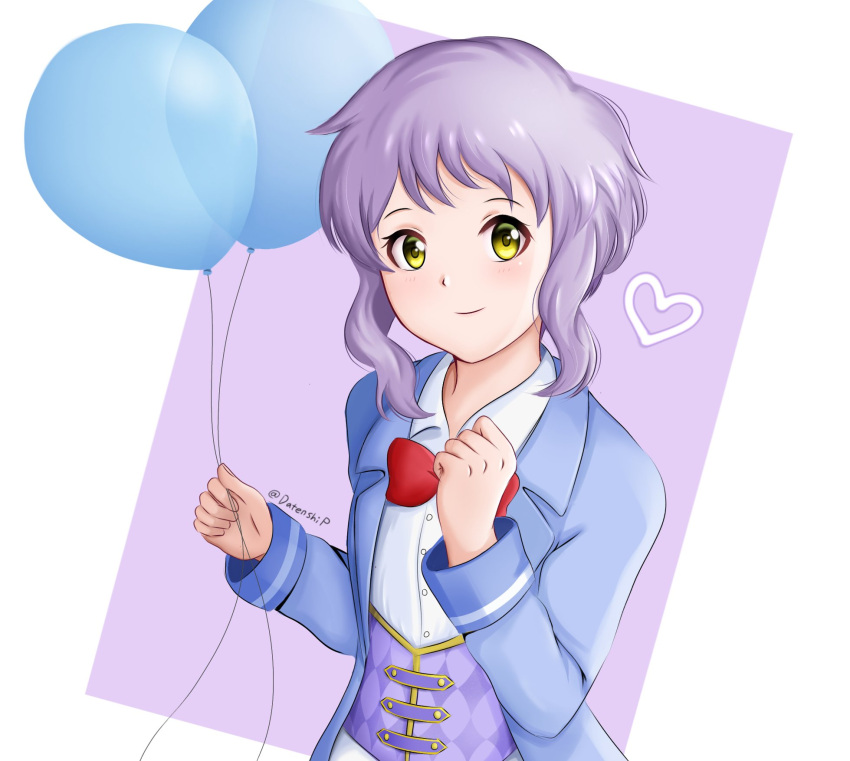 1girl balloon blue_jacket blush bow bowtie clenched_hand commentary_request corset datenshi_p heart highres holding holding_balloon idolmaster idolmaster_million_live! jacket long_sleeves looking_at_viewer makabe_mizuki purple_corset purple_hair red_bow red_bowtie shirt short_hair sidelocks smile solo upper_body wavy_hair white_background white_shirt yellow_eyes