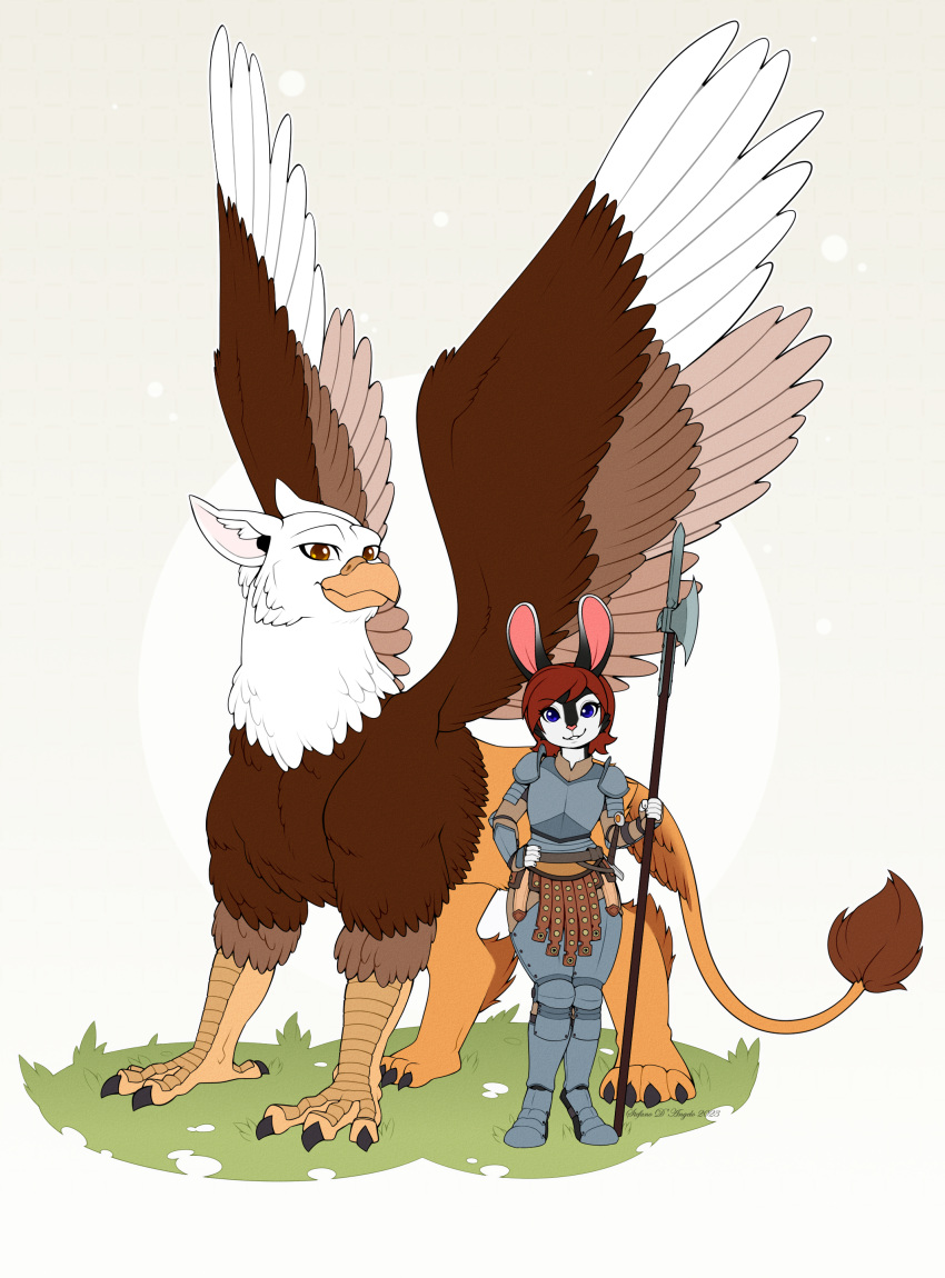 absurd_res armor avian beak belisarius_(athlon) black_body black_fur blue_eyes brown_body brown_eyes brown_feathers duo feathers female fur grass gryphon hi_res lagomorph lea_hildegard_(athlon) leporid looking_at_viewer male male/female mammal medival metal_armor mythological_avian mythology orange_beak orange_body orange_fur pink_nose plant rabbit simple_background size_difference smile standing stefano_d'angelo weapon white_body white_feathers white_fur