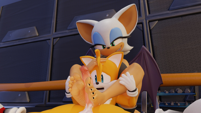 16:9 5_toes anthro balls bat bottomwear bra canid canine clothing duo feet female foot_fetish foot_play footjob fox from_behind_position genitals hand_on_head hi_res humanoid_feet male male/female mammal miles_prower penis plantigrade rouge_the_bat sega sex shorts sonic_the_hedgehog_(series) toes twintails3d underwear widescreen wings