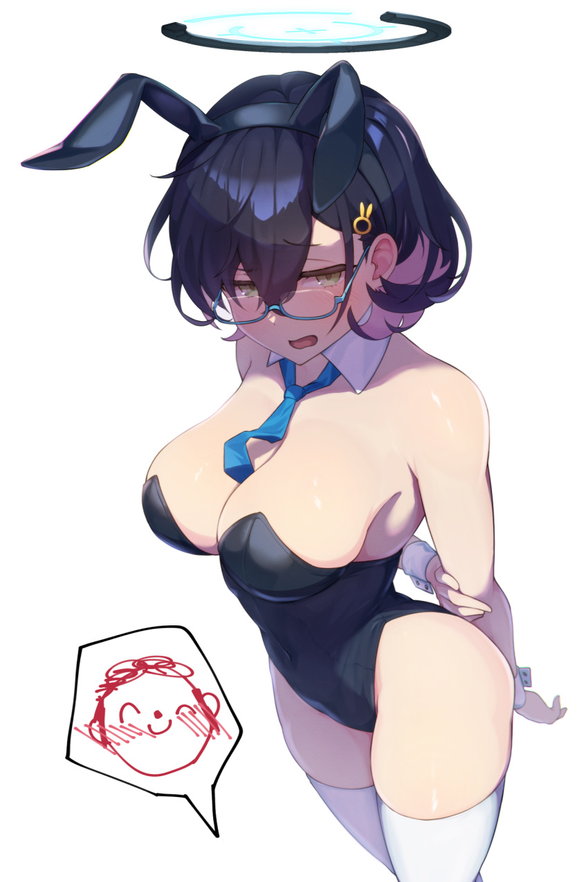 1girl alternate_costume animal_ears arms_behind_back bare_shoulders between_breasts black_hair black_leotard blue-framed_eyewear blue_archive blue_necktie blush breasts chihiro_(blue_archive) cleavage commentary_request covered_navel cowboy_shot detached_collar doodle_sensei_(blue_archive) fake_animal_ears foxallium glasses green_eyes hair_between_eyes hair_ornament halo highleg highleg_leotard highres large_breasts leotard looking_at_viewer necktie necktie_between_breasts open_mouth partial_commentary playboy_bunny rabbit_ears rabbit_hair_ornament semi-rimless_eyewear sensei_(blue_archive) short_hair sidelocks simple_background skindentation smile solo_focus spoken_character standing strapless strapless_leotard thighhighs under-rim_eyewear white_background white_thighhighs wrist_cuffs