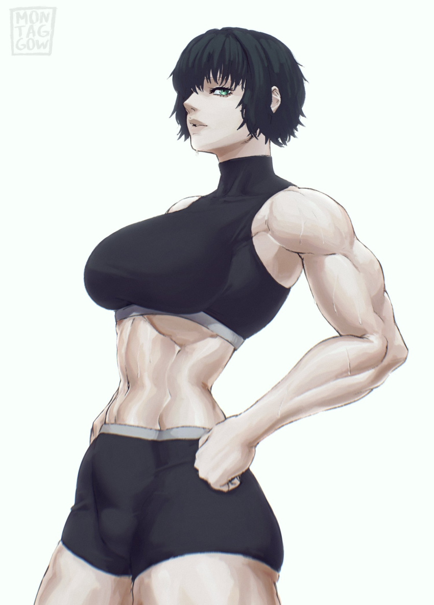 1girl abs breasts chainsaw_man green_eyes hand_on_own_hip highres himeno_(chainsaw_man) large_breasts looking_at_viewer muscular muscular_female short_hair shorts signature simple_background solo sweat tank_top toned turtleneck white_background yozamontag