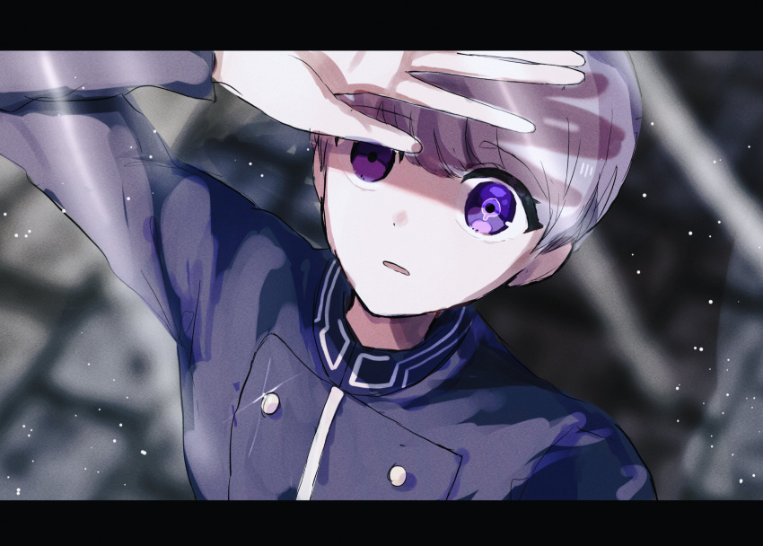 1boy arm_up blue_jacket commentary hand_over_eye highres jacket letterboxed light_particles long_sleeves looking_at_viewer looking_up male_focus master_detective_archives:_rain_code neochi_(totemoonemunano) open_mouth purple_eyes purple_hair short_hair solo sunlight symbol-only_commentary symbol_in_eye upper_body yuma_kokohead