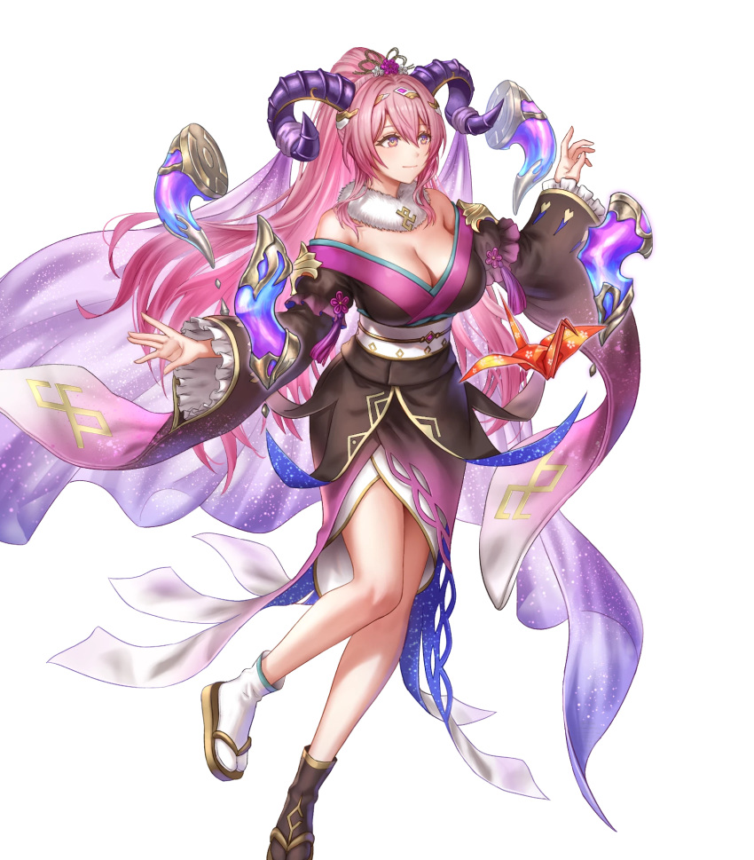 1girl anbe_yoshirou blush breasts cleavage curled_horns fire_emblem fire_emblem_heroes floating floating_object frilled_sleeves frills fur_trim gloves goat_horns hair_ornament highres horns large_breasts long_hair looking_to_the_side multicolored_hair nerthuz_(fire_emblem) nerthuz_(new_year)_(fire_emblem) non-web_source official_art origami paper_crane pink_hair ponytail purple_eyes second-party_source solo two-tone_hair very_long_hair